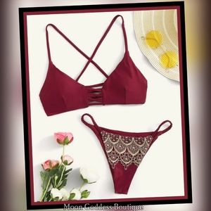 Trendy Burgundy Crisscross Crochet Tanga Bikini L